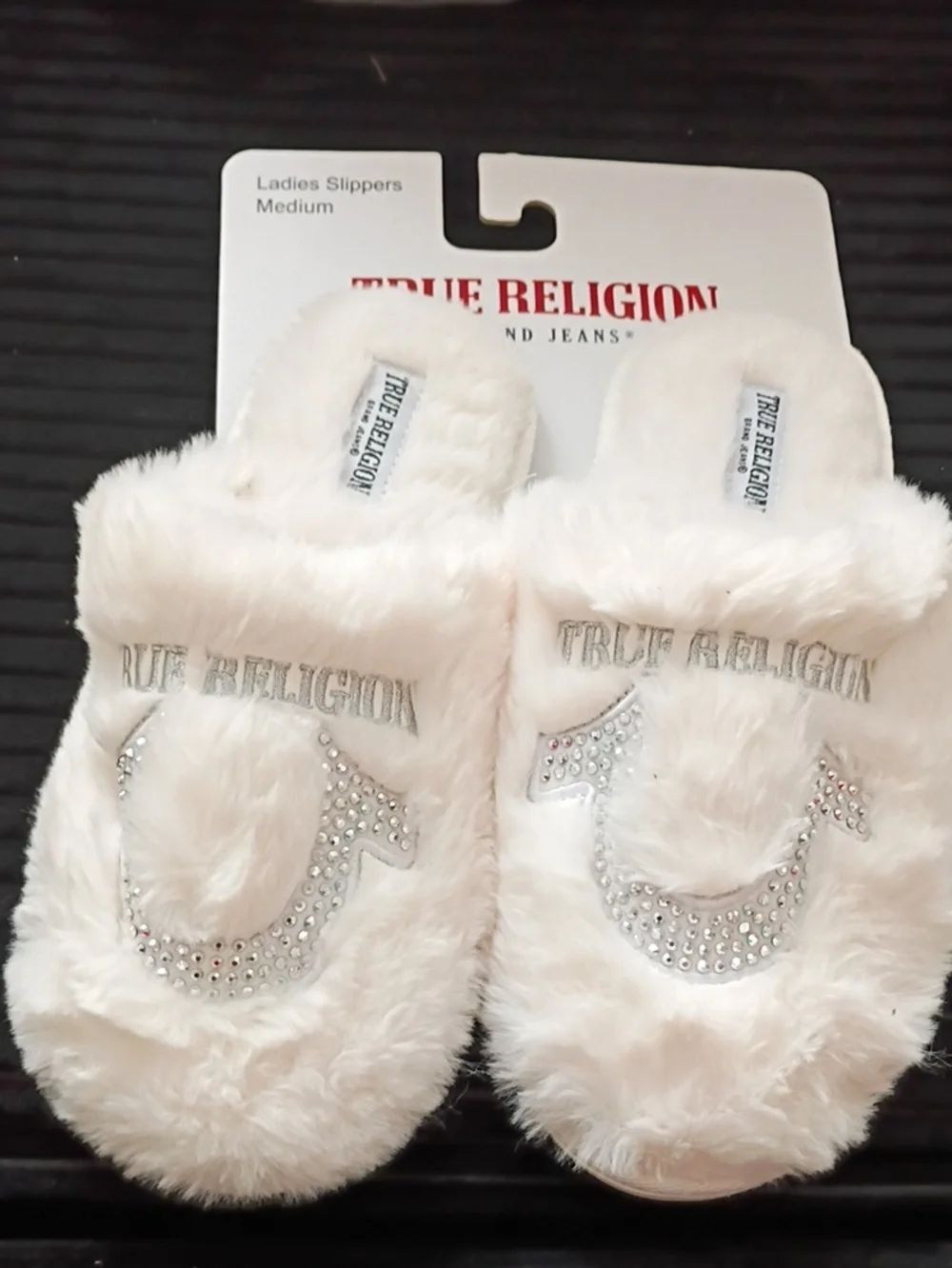 True Religion Kids' Plush Faux-Fur Slippers in  White and Silver